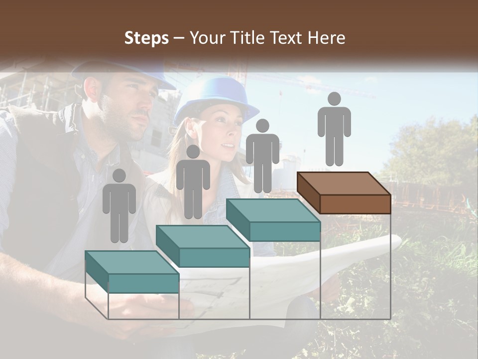 A Man And A Woman In Hardhats Looking At A Blueprint PowerPoint Template