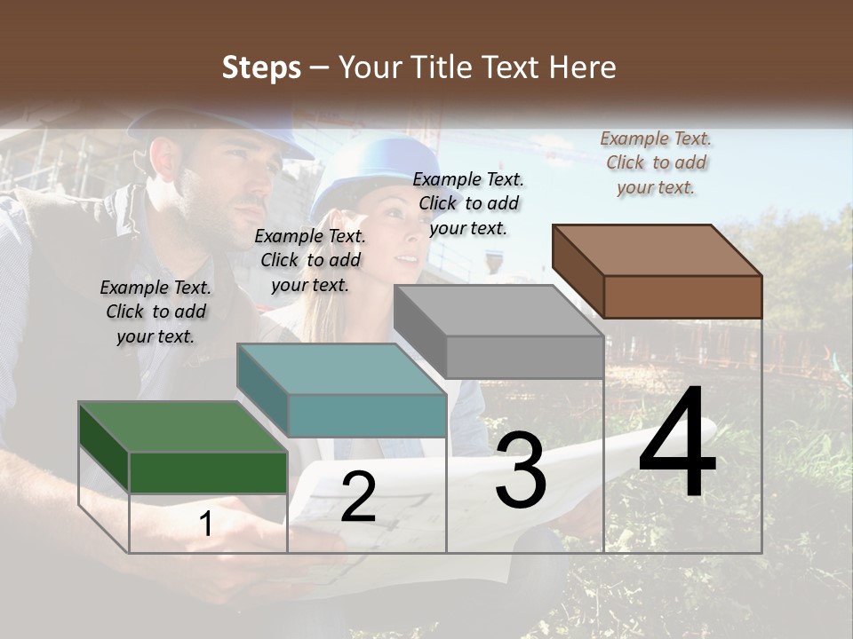 A Man And A Woman In Hardhats Looking At A Blueprint PowerPoint Template