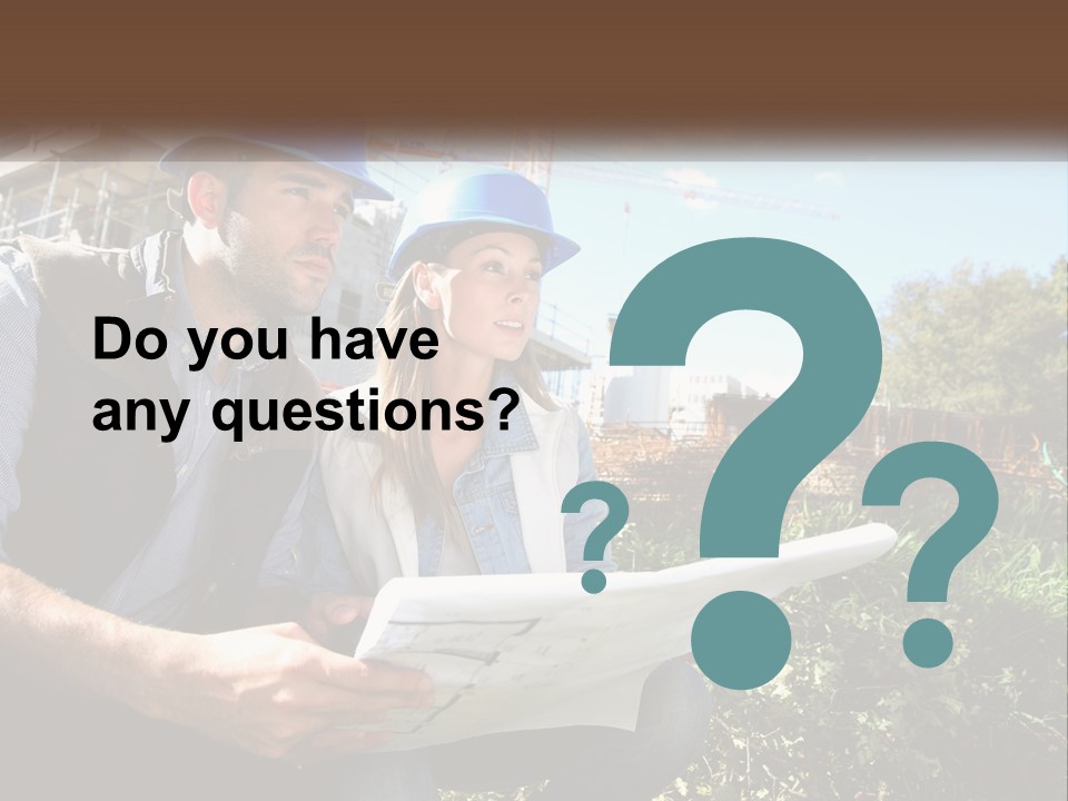 A Man And A Woman In Hardhats Looking At A Blueprint PowerPoint Template