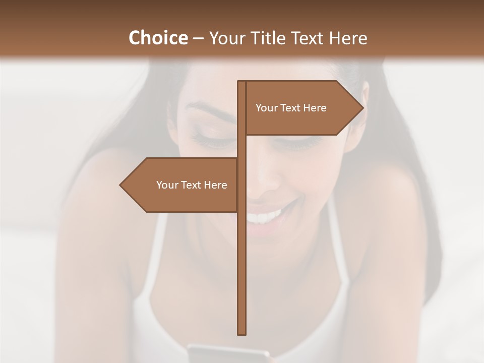 A Woman Laying In Bed Looking At Her Cell Phone PowerPoint Template