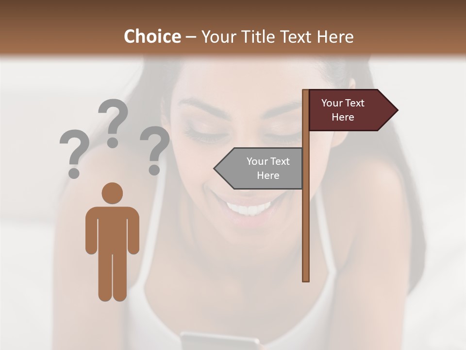A Woman Laying In Bed Looking At Her Cell Phone PowerPoint Template