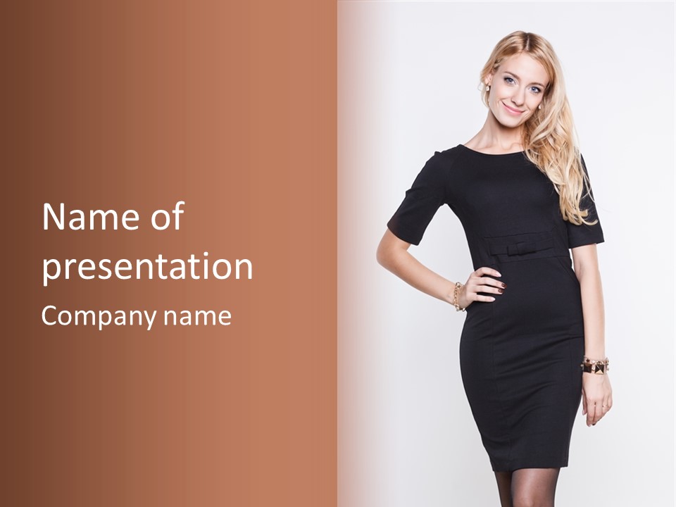 A Woman In A Black Dress Is Posing For A Picture PowerPoint Template