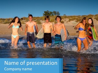 A Group Of People Walking Into The Water With Surfboards PowerPoint Template