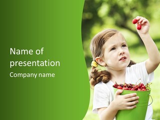 A Little Girl Holding A Green Bucket Full Of Cherries PowerPoint Template