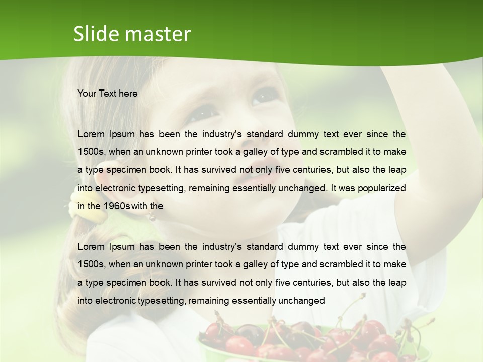 A Little Girl Holding A Green Bucket Full Of Cherries PowerPoint Template