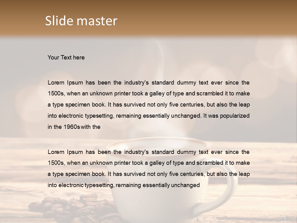 A Cup Of Coffee On A Table With Coffee Beans PowerPoint Template