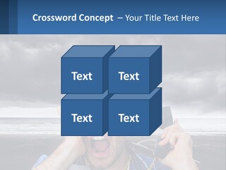 A Man Holding A Cell Phone Up To His Face PowerPoint Template