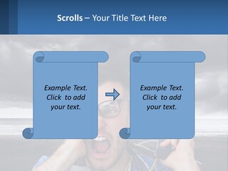 A Man Holding A Cell Phone Up To His Face PowerPoint Template
