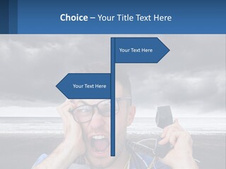 A Man Holding A Cell Phone Up To His Face PowerPoint Template