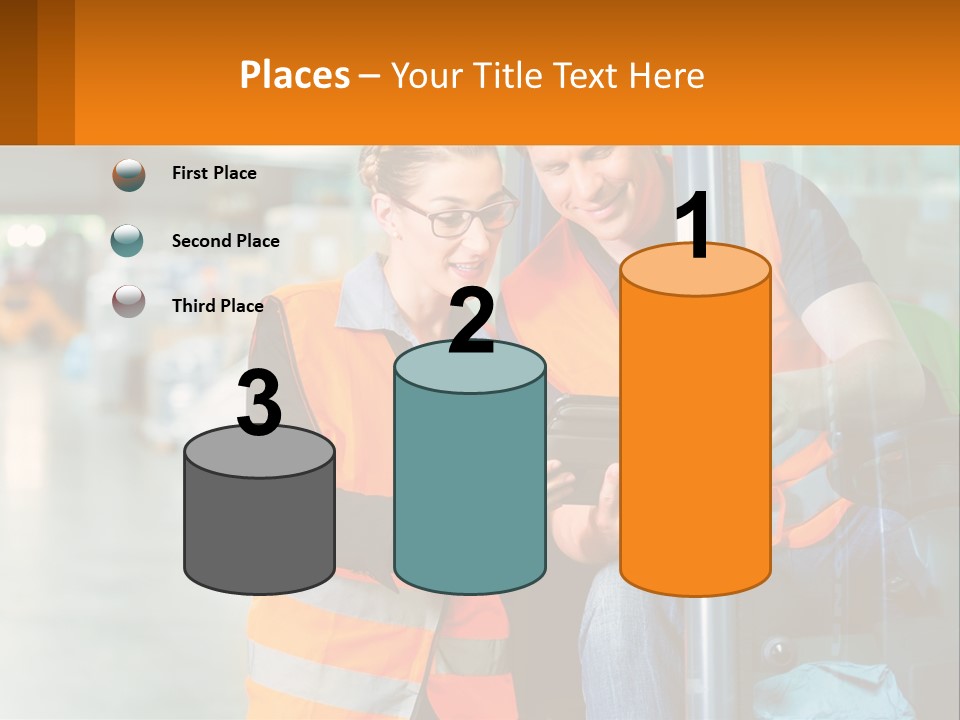 A Man And A Woman In Safety Vests Looking At A Tablet PowerPoint Template