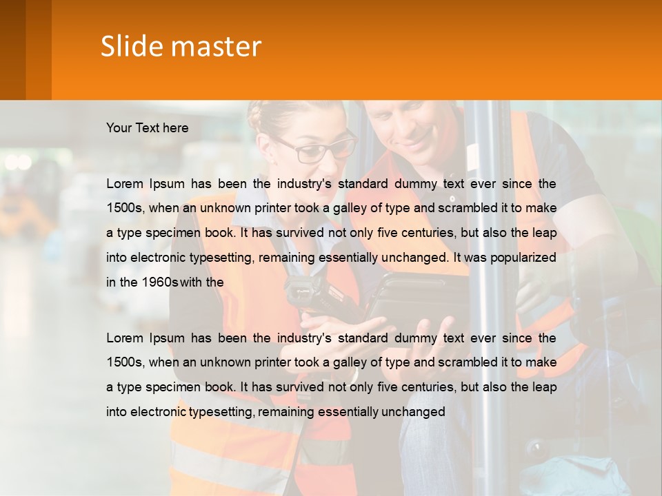 A Man And A Woman In Safety Vests Looking At A Tablet PowerPoint Template