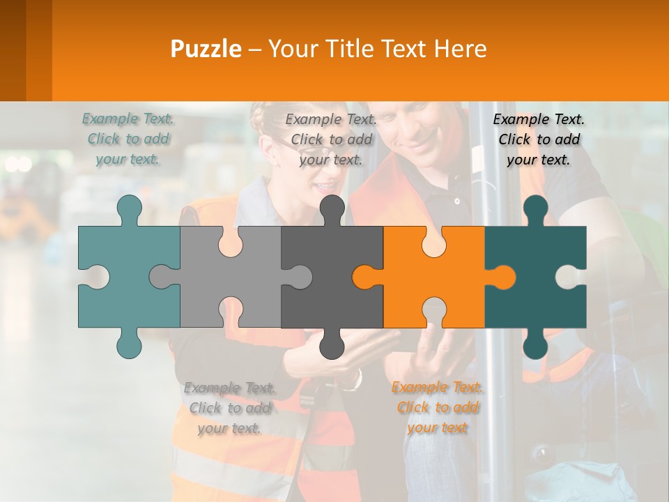 A Man And A Woman In Safety Vests Looking At A Tablet PowerPoint Template
