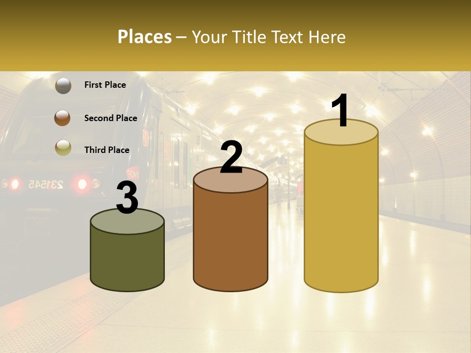 A Blue Train Pulling Into A Train Station PowerPoint Template