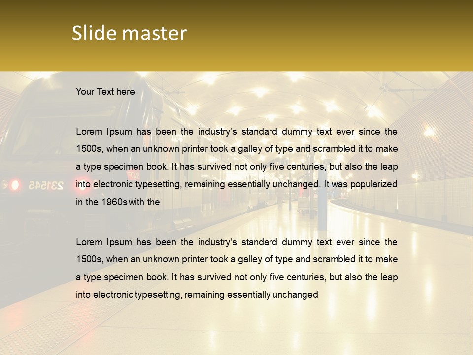 A Blue Train Pulling Into A Train Station PowerPoint Template