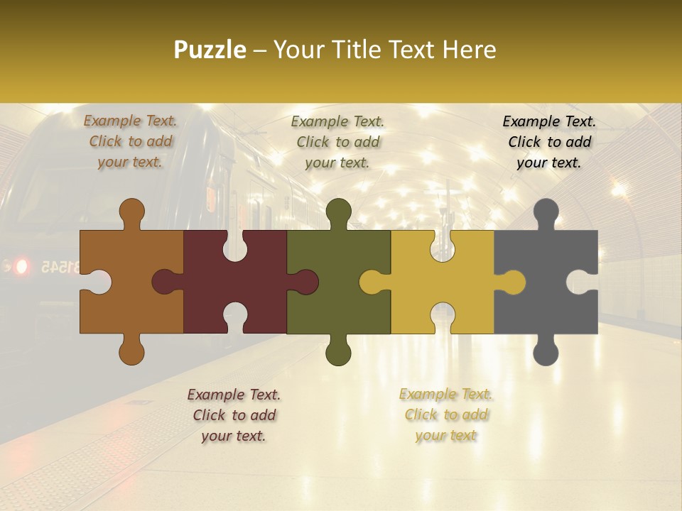 A Blue Train Pulling Into A Train Station PowerPoint Template