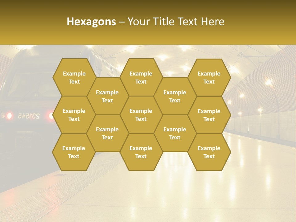 A Blue Train Pulling Into A Train Station PowerPoint Template