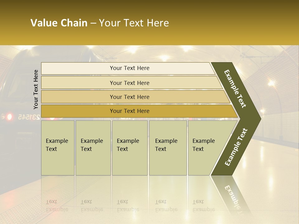 A Blue Train Pulling Into A Train Station PowerPoint Template