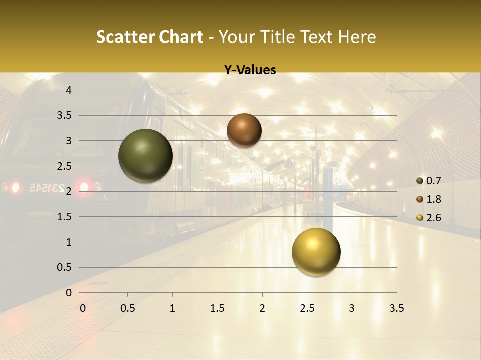 A Blue Train Pulling Into A Train Station PowerPoint Template