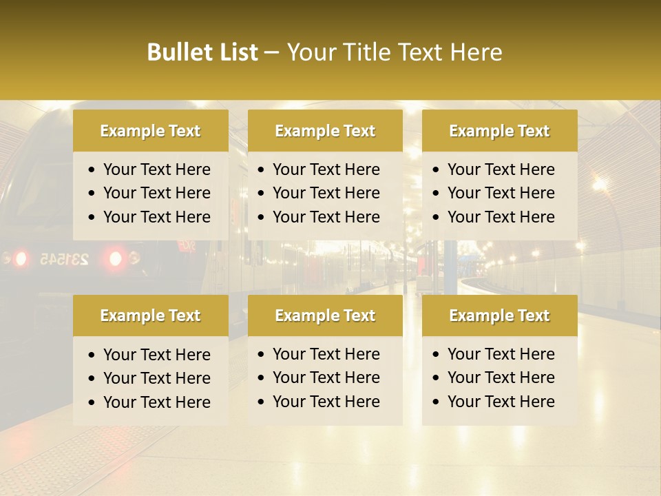 A Blue Train Pulling Into A Train Station PowerPoint Template