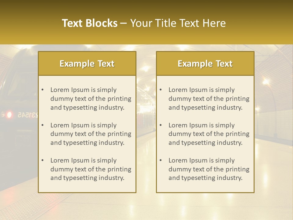 A Blue Train Pulling Into A Train Station PowerPoint Template
