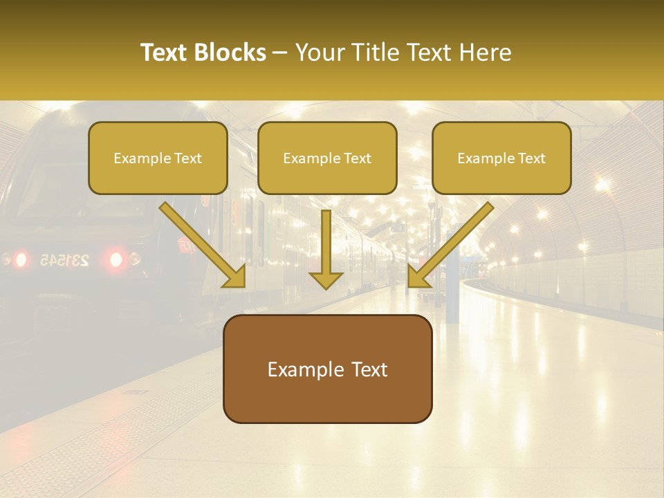 A Blue Train Pulling Into A Train Station PowerPoint Template