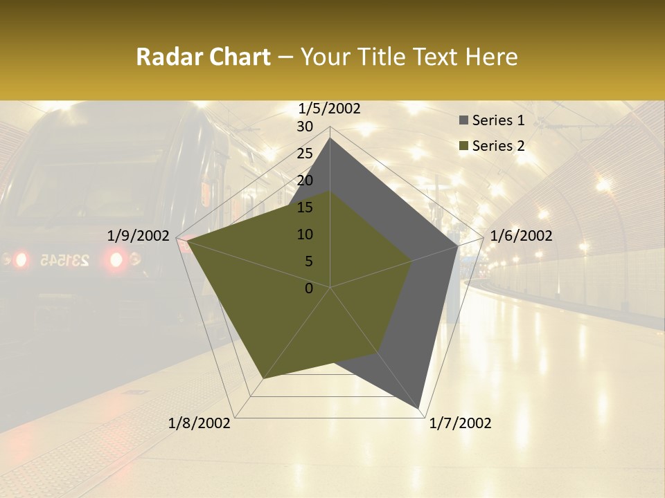 A Blue Train Pulling Into A Train Station PowerPoint Template