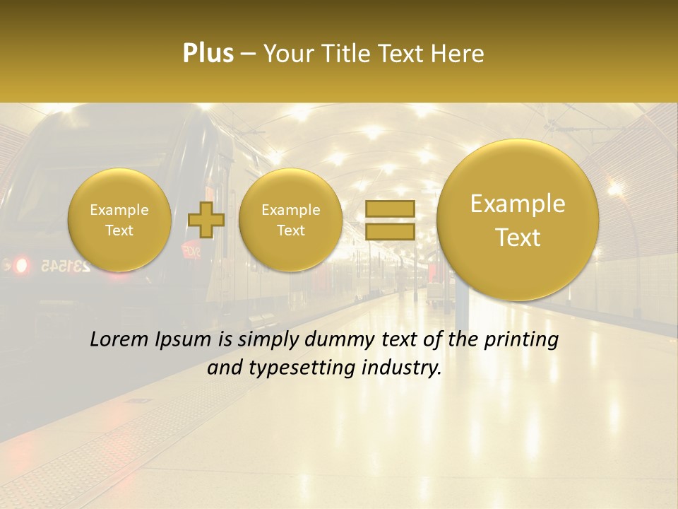 A Blue Train Pulling Into A Train Station PowerPoint Template