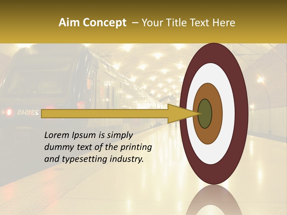 A Blue Train Pulling Into A Train Station PowerPoint Template