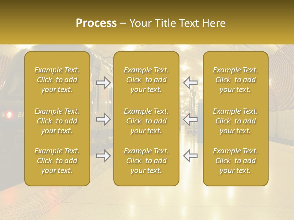 A Blue Train Pulling Into A Train Station PowerPoint Template
