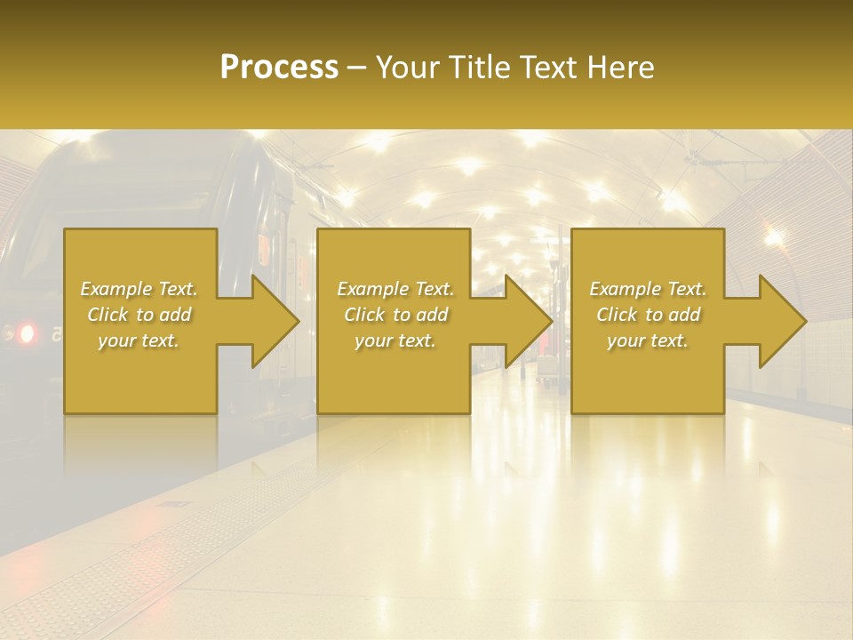 A Blue Train Pulling Into A Train Station PowerPoint Template