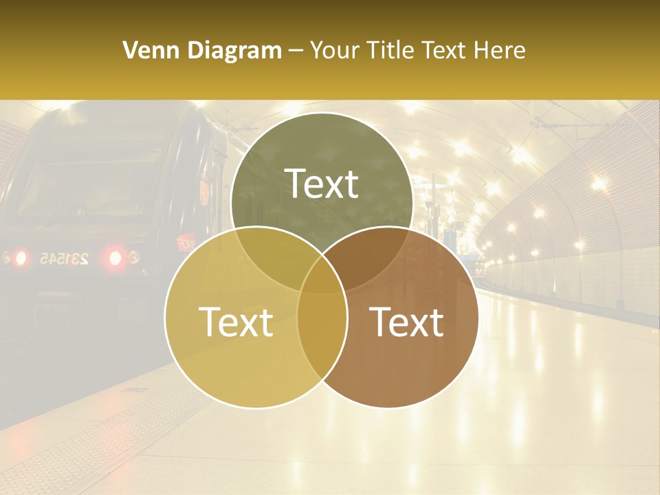 A Blue Train Pulling Into A Train Station PowerPoint Template