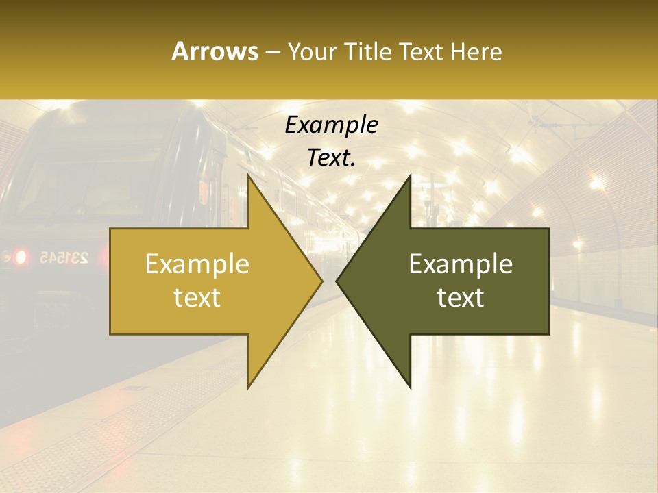 A Blue Train Pulling Into A Train Station PowerPoint Template