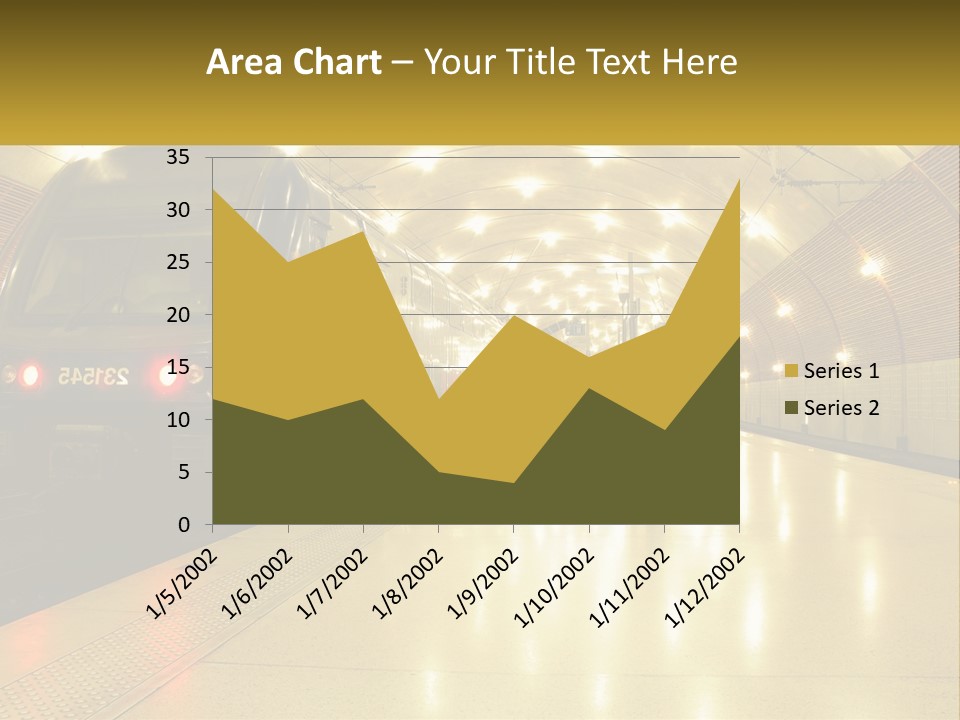 A Blue Train Pulling Into A Train Station PowerPoint Template