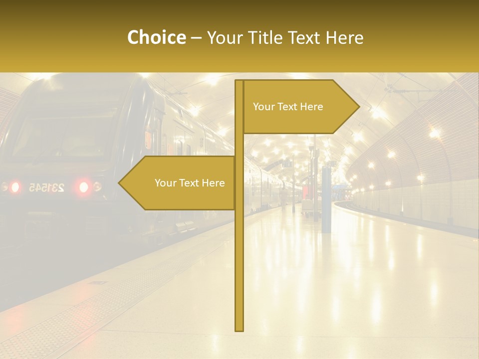 A Blue Train Pulling Into A Train Station PowerPoint Template