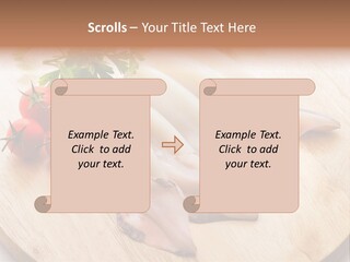 A Wooden Cutting Board Topped With Meat And Vegetables PowerPoint Template
