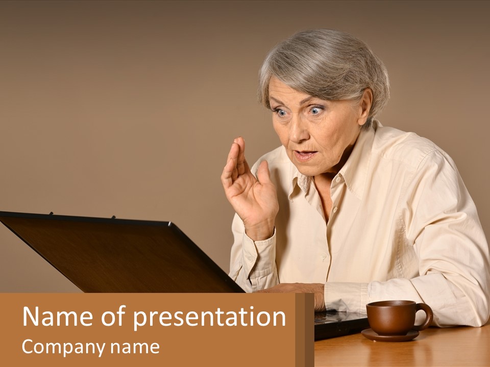 A Woman Sitting At A Table With A Laptop In Front Of Her PowerPoint Template