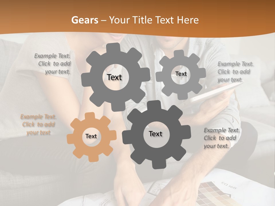 A Man And Woman Looking At Blueprints On A Table PowerPoint Template
