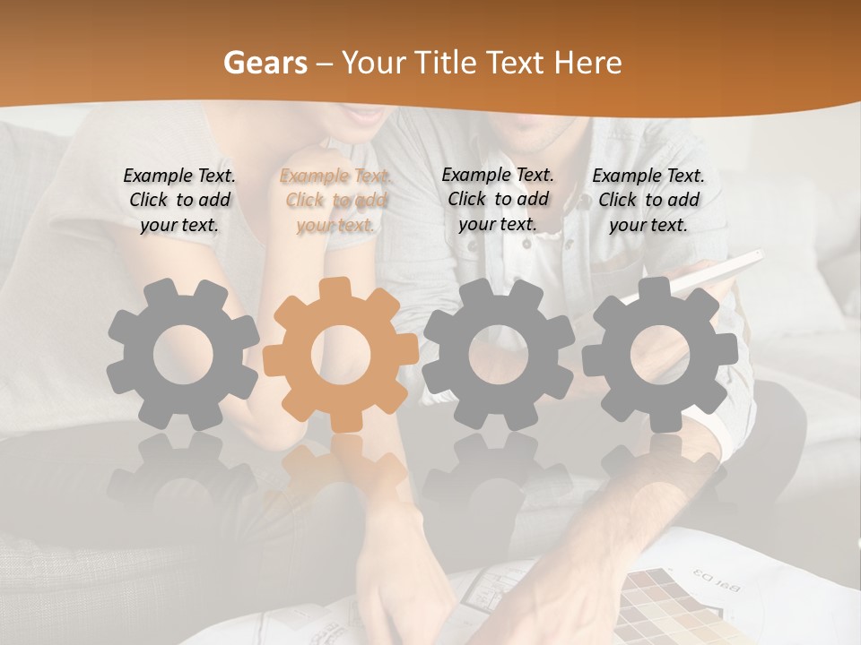 A Man And Woman Looking At Blueprints On A Table PowerPoint Template