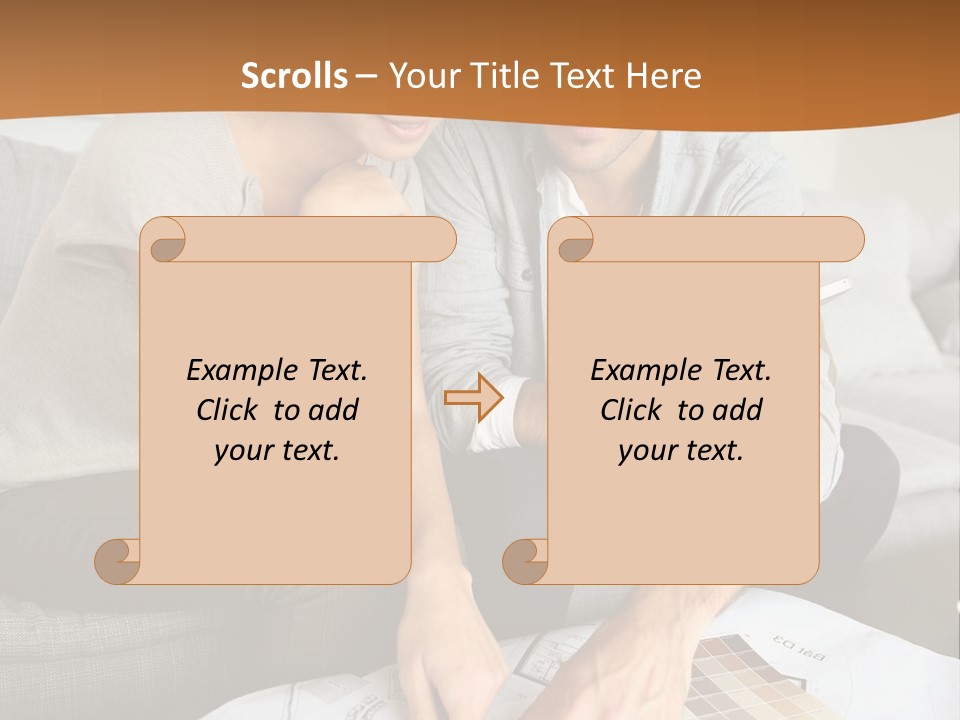 A Man And Woman Looking At Blueprints On A Table PowerPoint Template