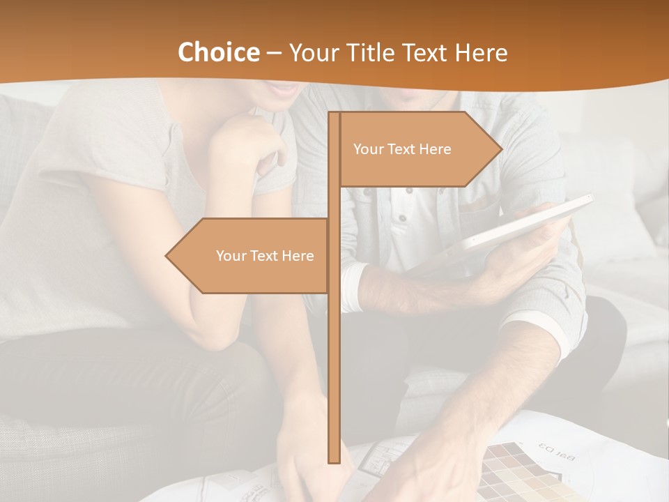 A Man And Woman Looking At Blueprints On A Table PowerPoint Template