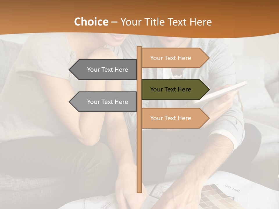 A Man And Woman Looking At Blueprints On A Table PowerPoint Template