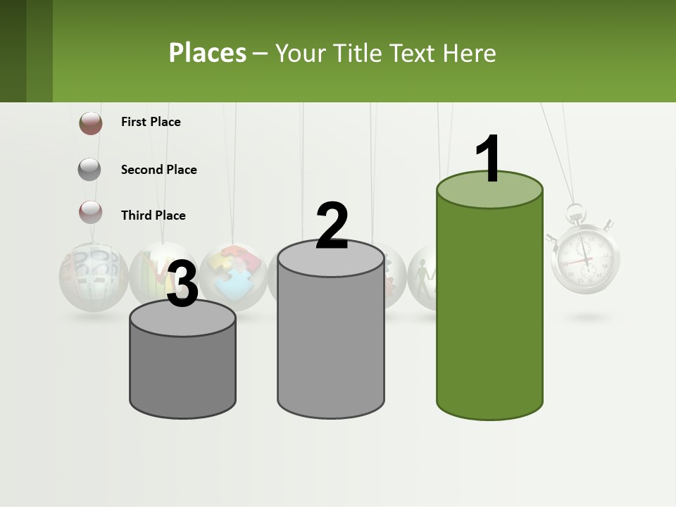 A Group Of Balls Hanging From Strings With A Clock In The Middle PowerPoint Template