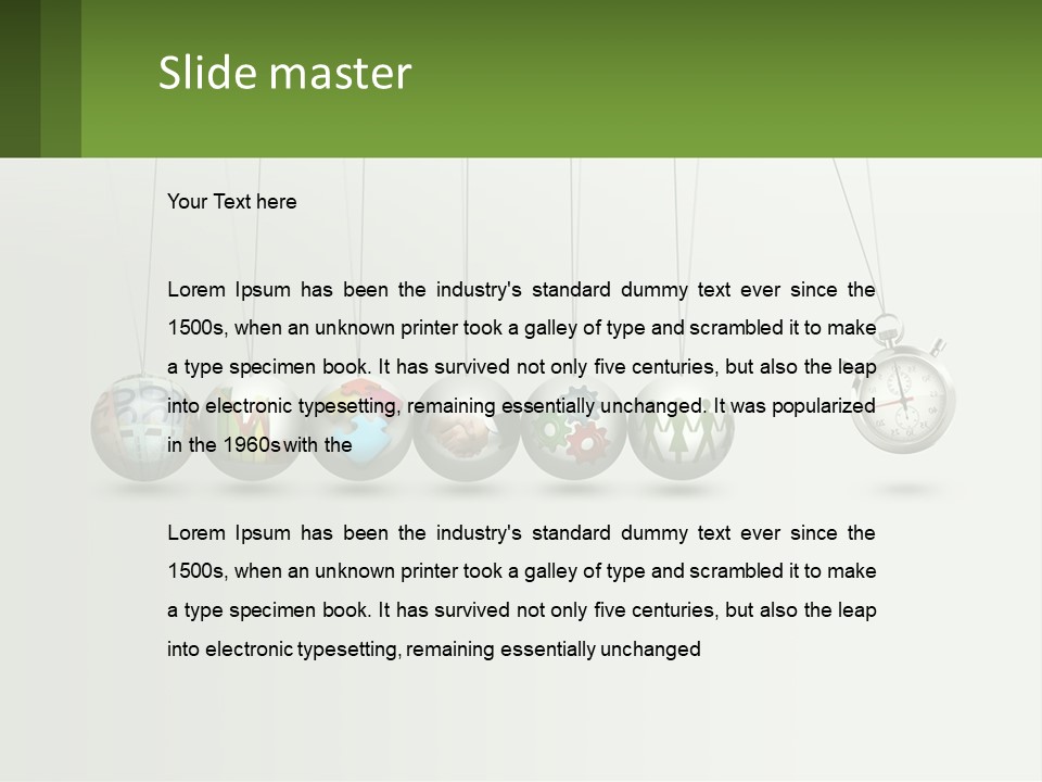 A Group Of Balls Hanging From Strings With A Clock In The Middle PowerPoint Template