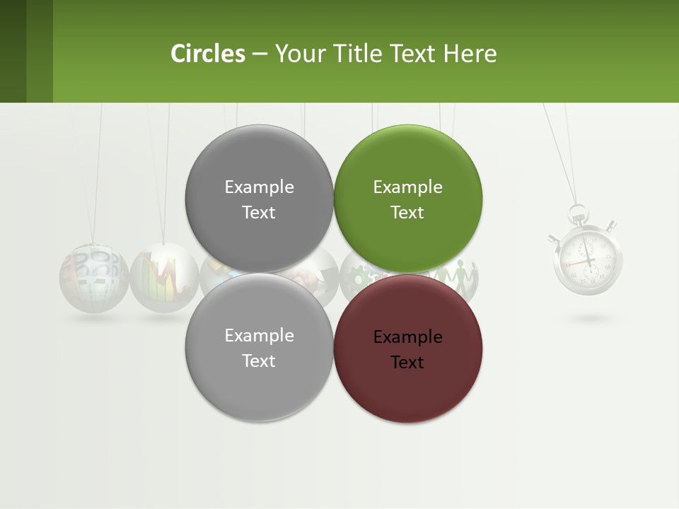 A Group Of Balls Hanging From Strings With A Clock In The Middle PowerPoint Template