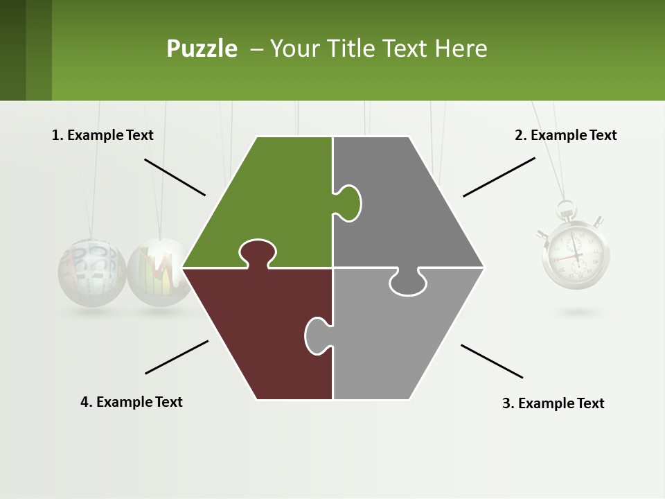 A Group Of Balls Hanging From Strings With A Clock In The Middle PowerPoint Template