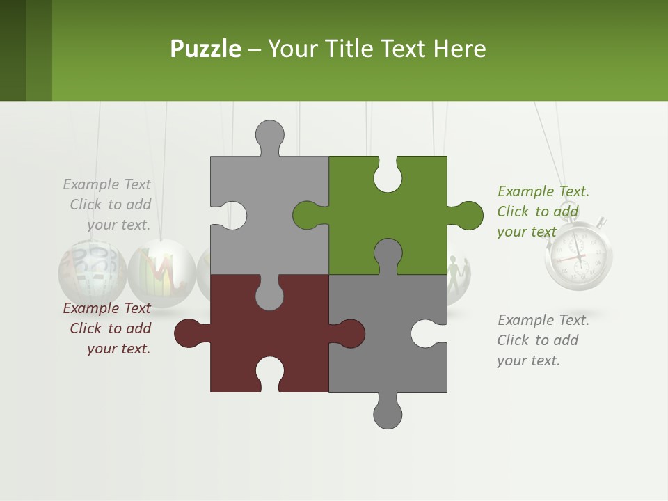 A Group Of Balls Hanging From Strings With A Clock In The Middle PowerPoint Template