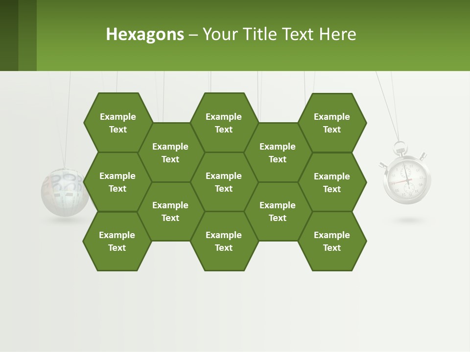 A Group Of Balls Hanging From Strings With A Clock In The Middle PowerPoint Template