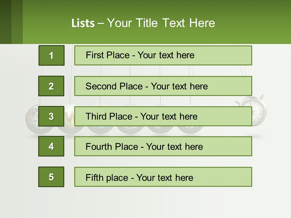 A Group Of Balls Hanging From Strings With A Clock In The Middle PowerPoint Template
