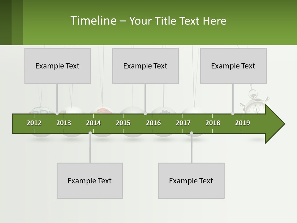 A Group Of Balls Hanging From Strings With A Clock In The Middle PowerPoint Template