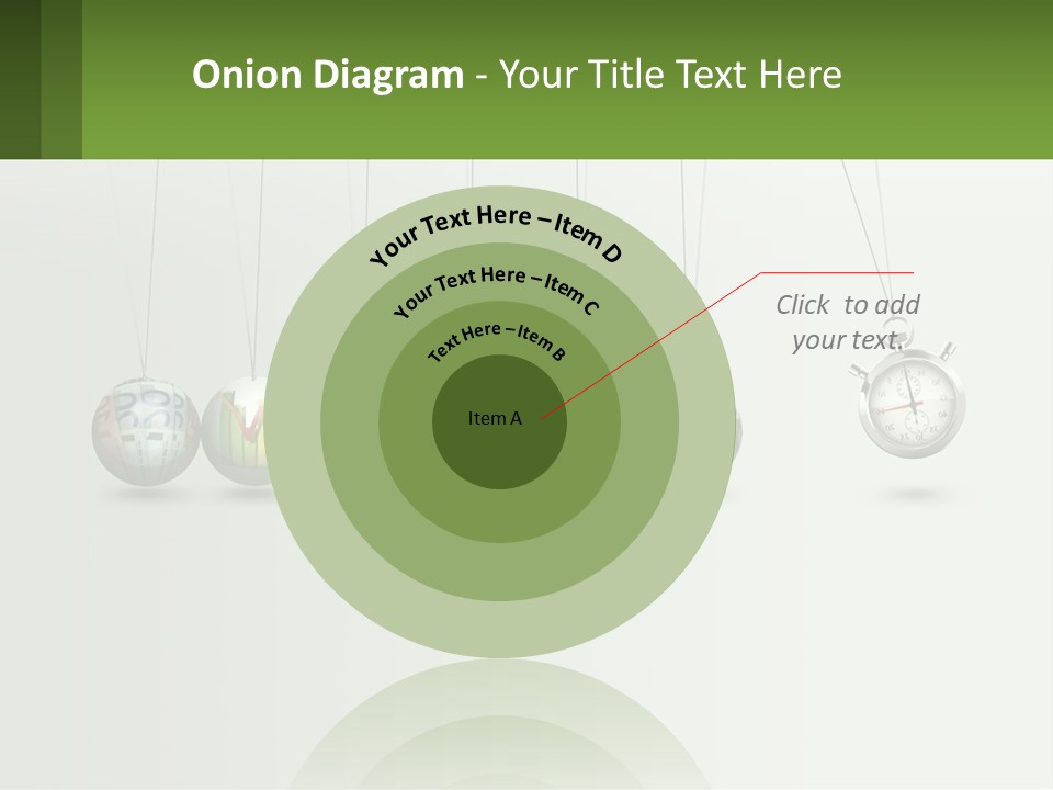 A Group Of Balls Hanging From Strings With A Clock In The Middle PowerPoint Template